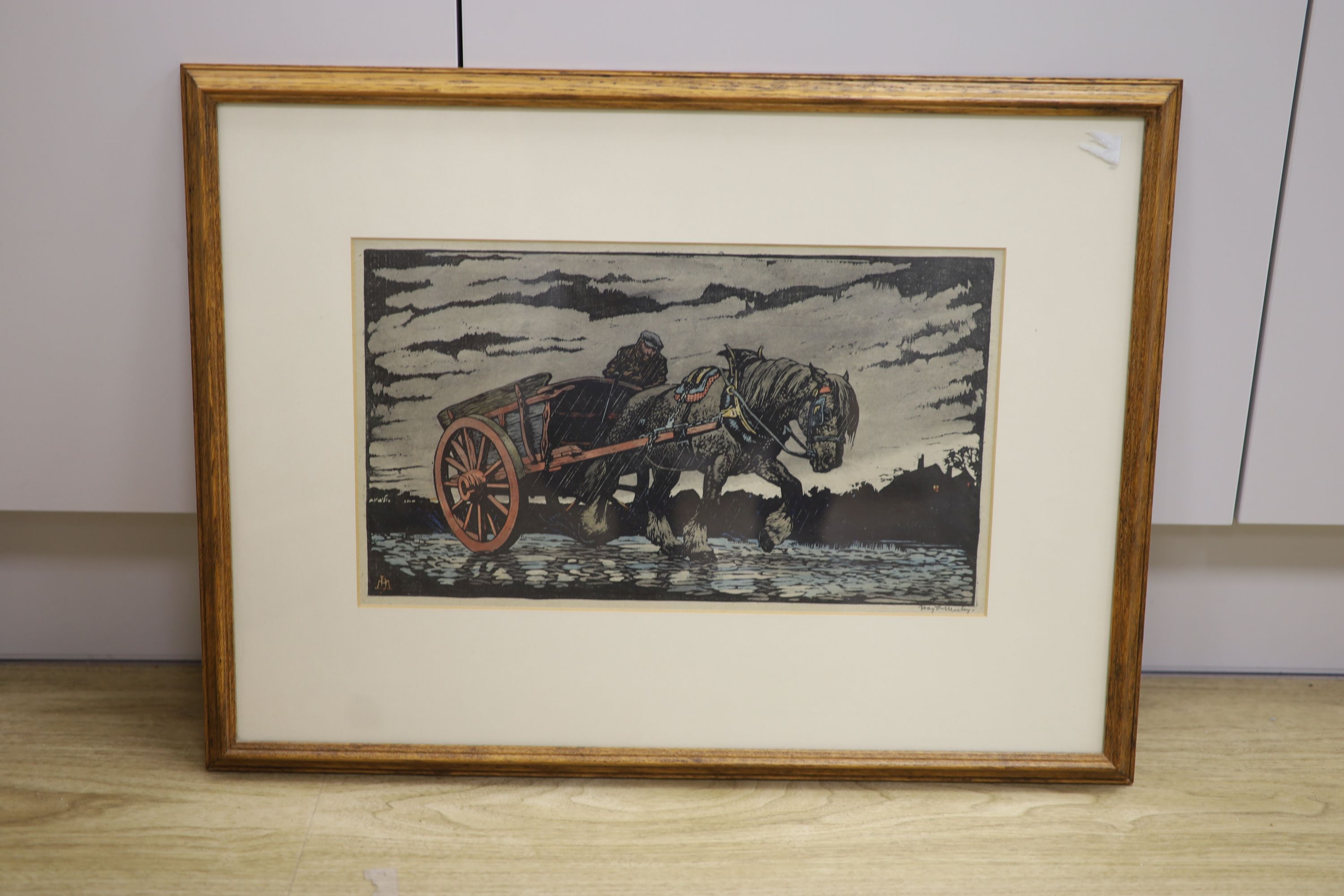 Haydn Reynolds Mackey (b.1883), woodcut, Cart horse in the rain, signed in pencil, 22 x 38cm